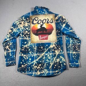 Angry Minnow Clothing Flannel‎ Shirt Mens Small Blue Plaid Bleach Coors Rodeo